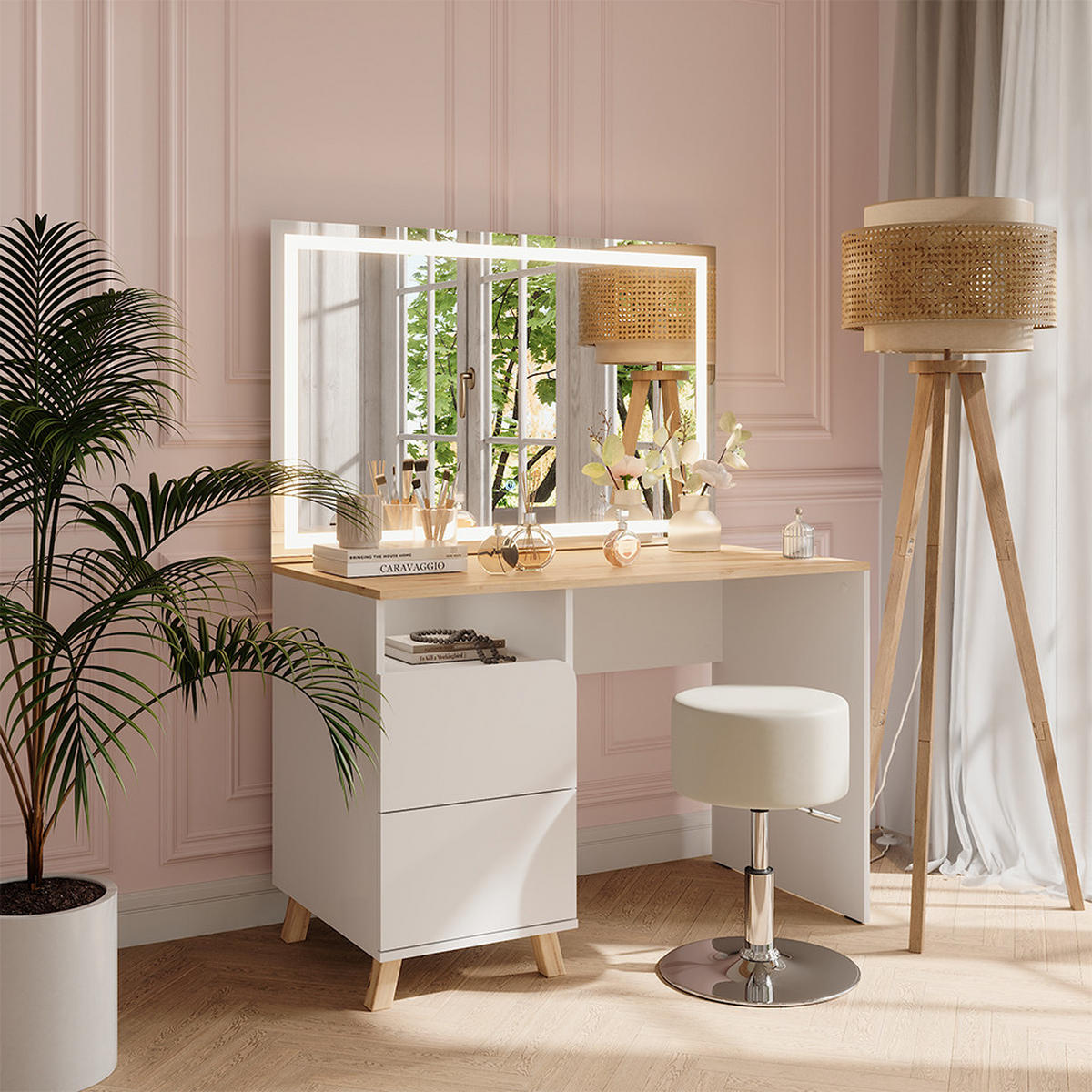 SCHMINKTISCH Karen Weiß/Artisan 110 cm mit Hocker und LED-Spiegel - Weiß/Eiche Artisan, Holzwerkstoff (110/75/55cm) - Vicco