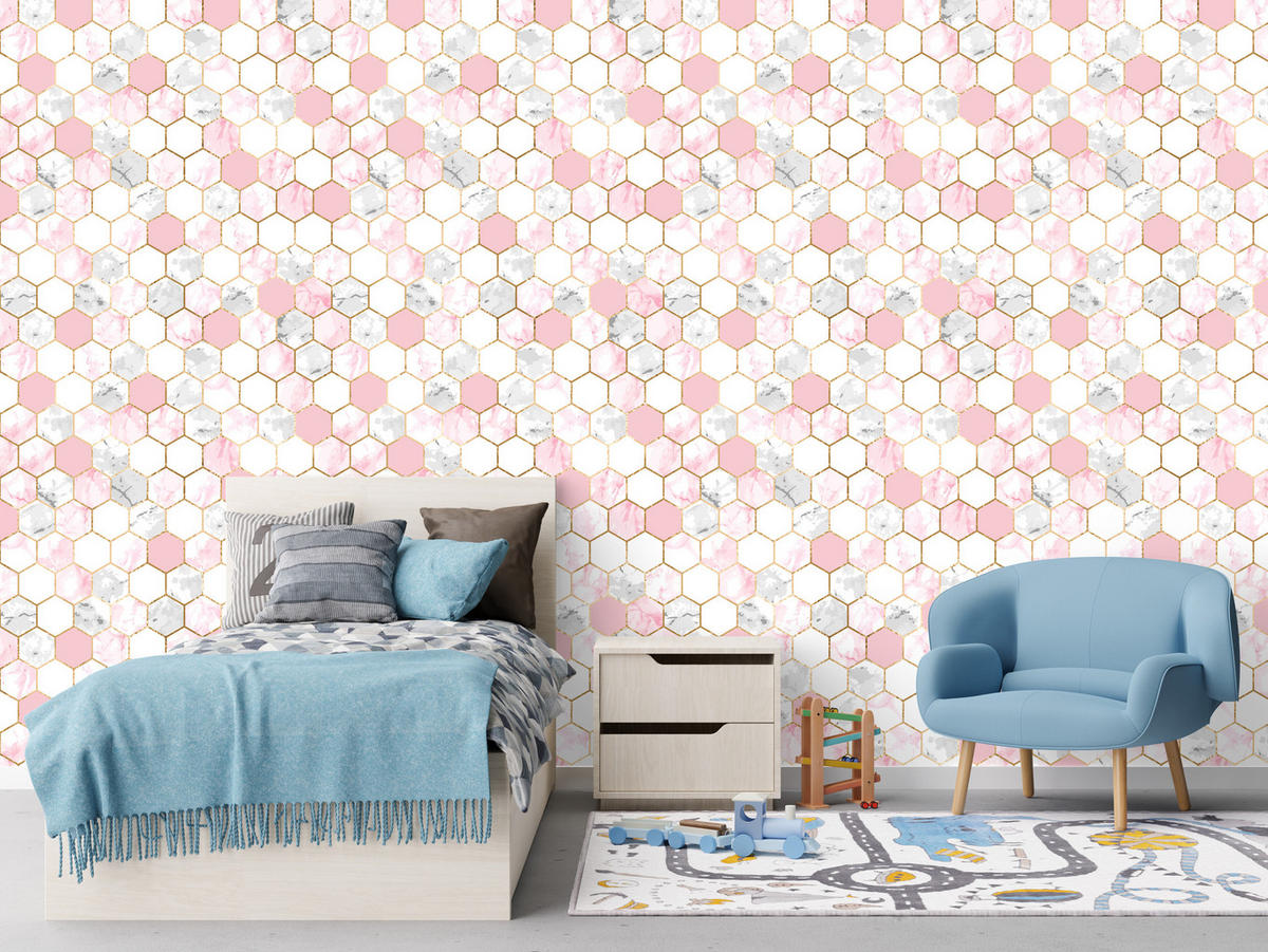 VLIESTAPETE Hexagon-Mosaik in Marmoroptik – Rosa, Weiß, Grau – 50x1000 cm - Rosa/Weiß, Papier (50/1000cm) - Muralo