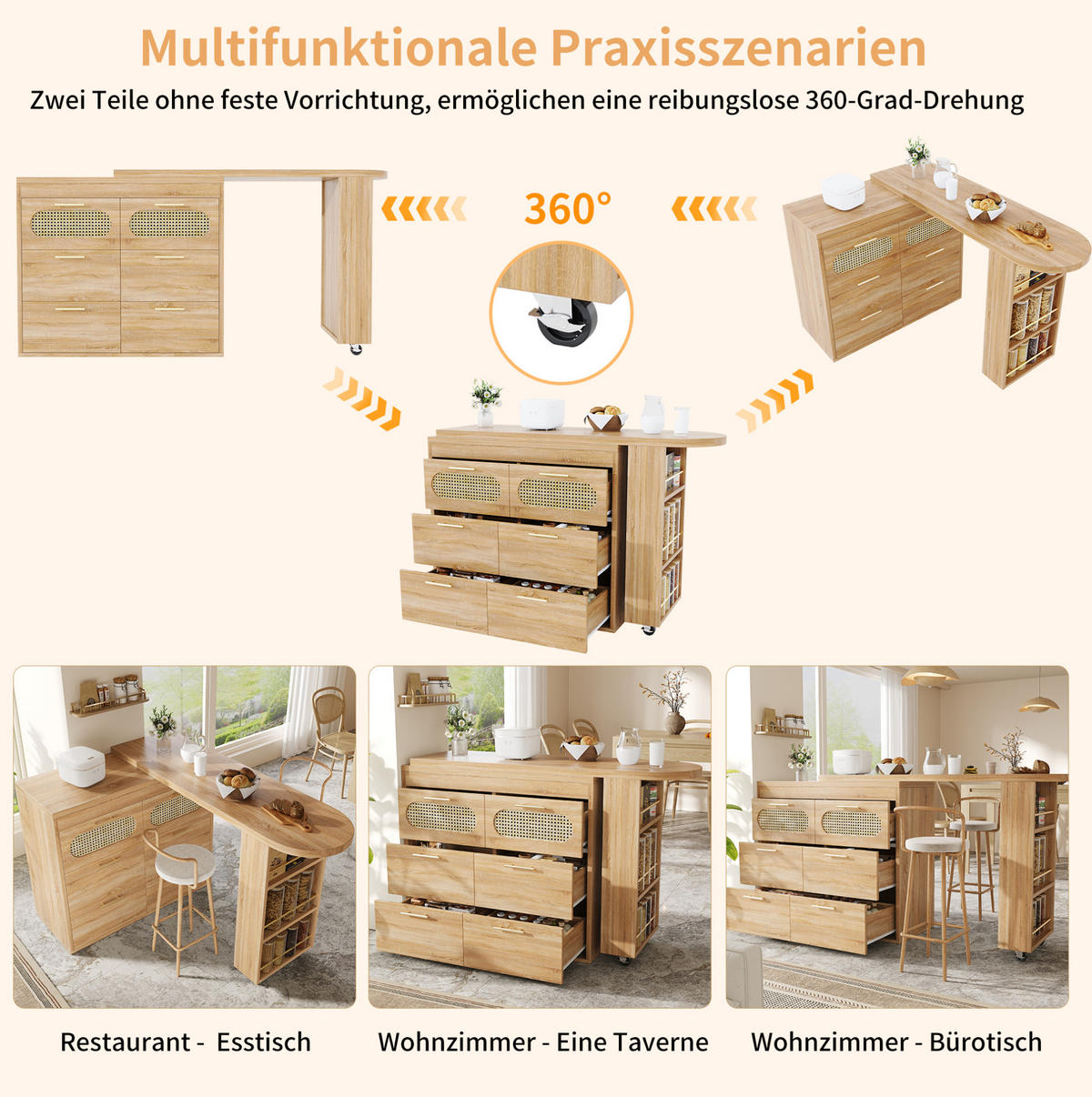 BARTISCH 128-203/39/90 cm in Natur mit 360° Drehfunktion & 6 Schubladen - Naturfarben, Holzwerkstoff (39/203/90cm) - BEAOK
