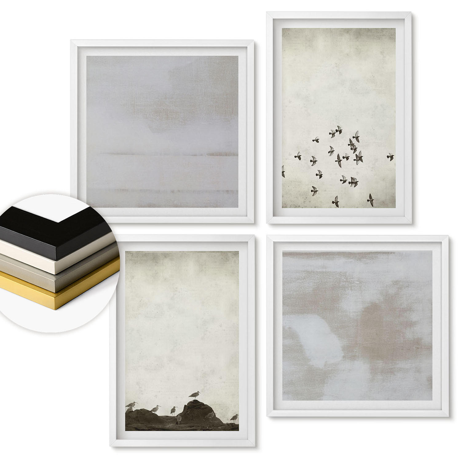 WANDBILDER 4er-Set - 50x50 cm & 40x60 cm Weißer Rahmen - Minimalistische Vögel im Flug - Weiß, Kunststoff (50/50cm) - ArtPrintCave