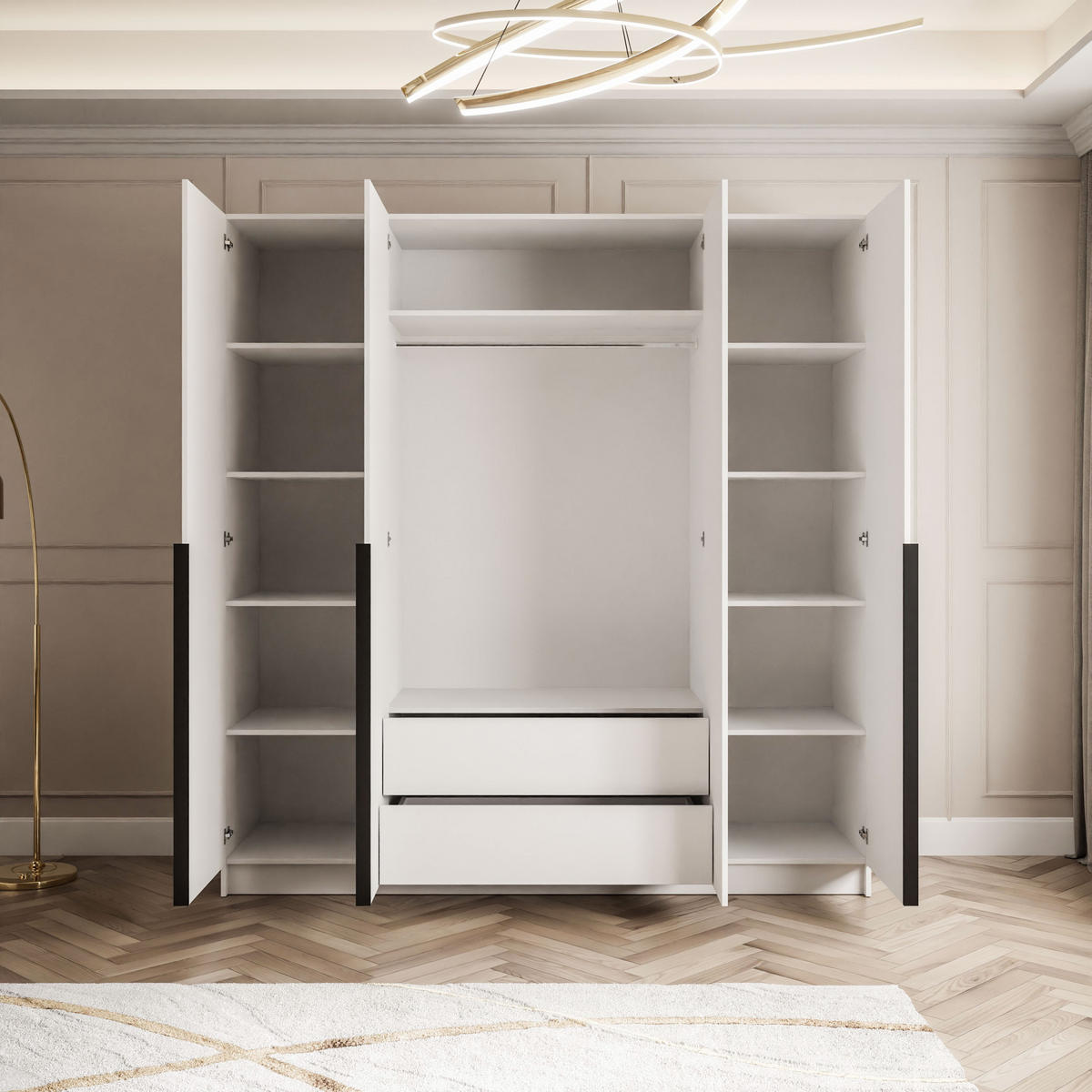 KLEIDERSCHRANK AUREL 4D mit schwarzen Griffen - Weiß Hochglanz/Schwarz, Holzwerkstoff (200/200/57cm) - Lookway