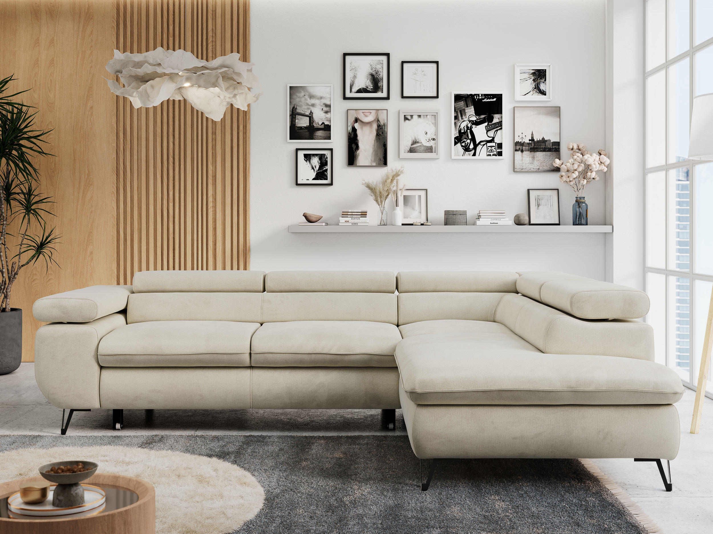 ECKSOFA PETER L Beige Velvet - Rechts Seite - Beige/Schwarz, Textil/Metall (273/208cm) - MKS
