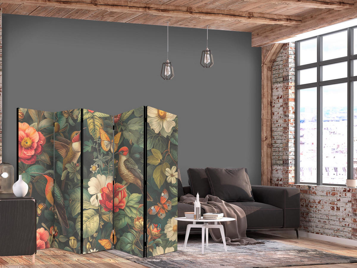 PARAVÁN Jednostranný 5-dielny 225x172 cm Vtáky a Kvety Boho - viacfarebná, drevo/textil (225/172/3cm) - Muralo
