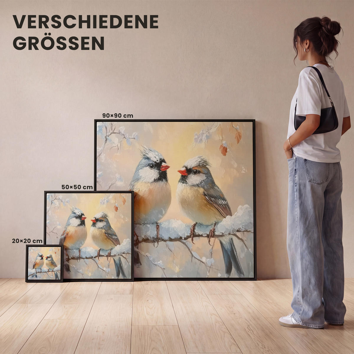 LEINWAND Bilder mit Rahmen - Vögel - Zweig - Winter - Schnee - 90x90 - Pastellblau, Textil (90/90cm) - MuchoWow