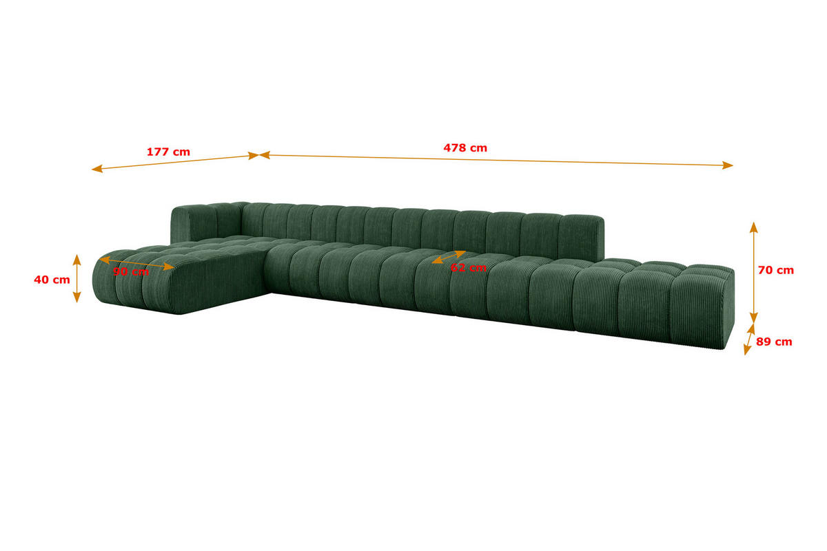 ECKSOFA modulares Sofa Zuvon-L3 - 478x177x70 cm Grün - Grün, Holzwerkstoff/Textil (478/177cm) - ALTDECOR