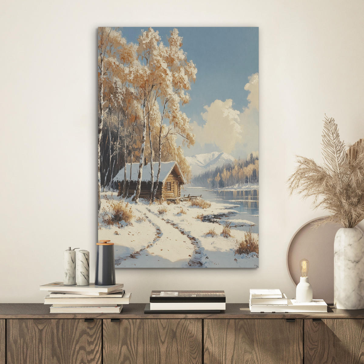 AKUSTIKBILD Winter - Schnee - Zuhause - Natur Kunstdruck Schlafzimmer 50x70 cm - Hellbraun, Kunststoff (50/70/0.9cm) - MuchoWow