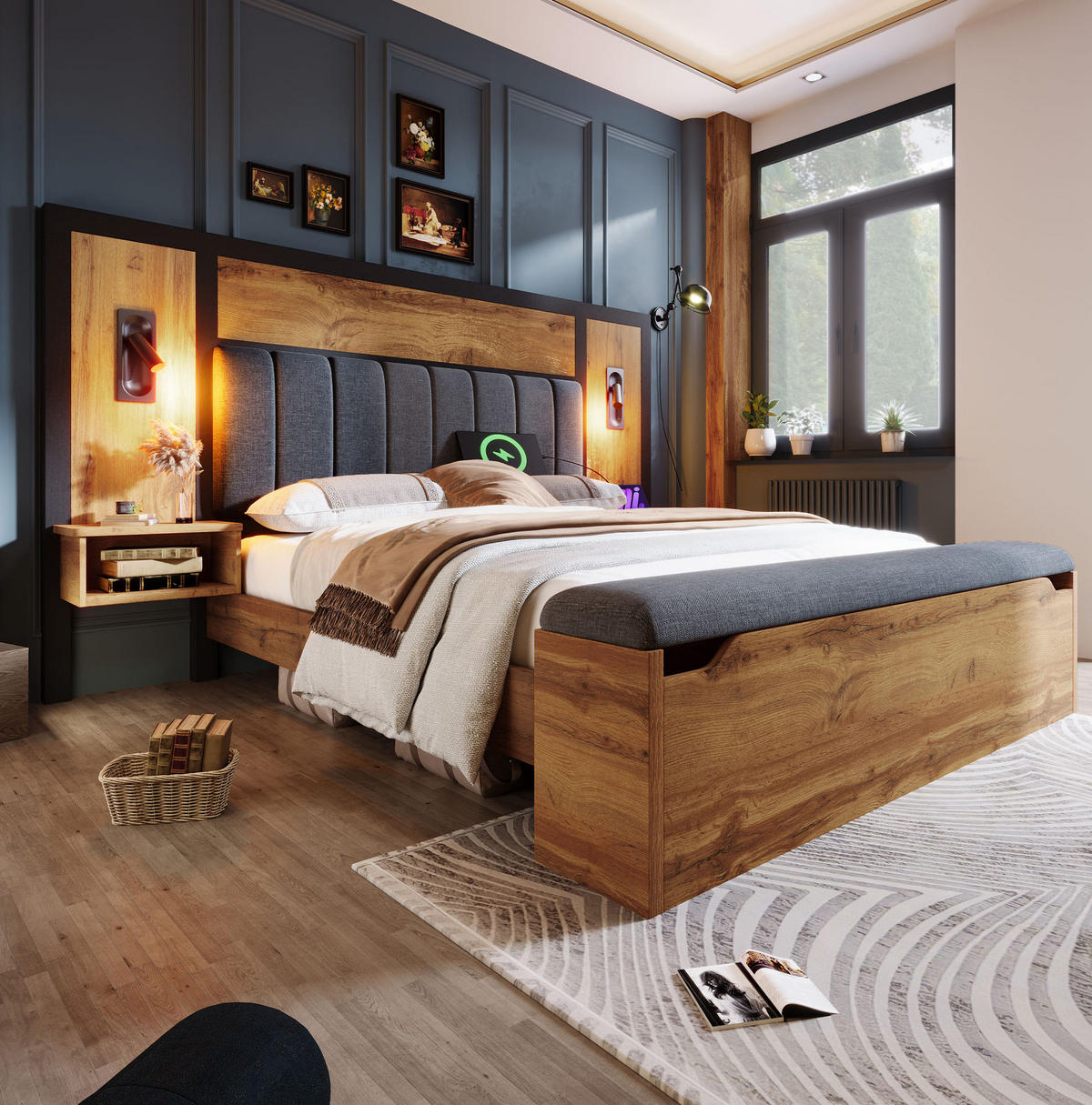 BETT mit Nachttischen und Stauraumbank 160x200 cm Eiche - Braun, Holzwerkstoff (160/200cm) - Beauniv
