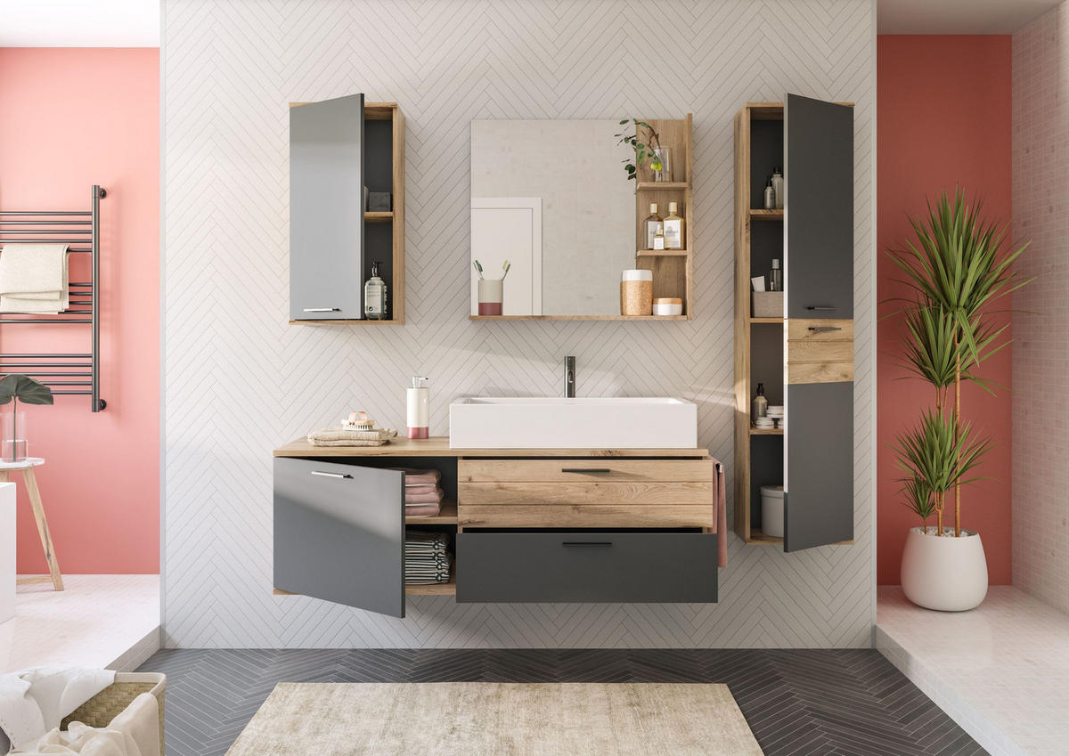 WASCHTISCH inkl. Waschbecken MASON (B/H/T: ca. 140/62/48 cm) in Nox Oak Nachbildung/Basalt grau - Eichefarben, Holzwerkstoff (140/62/48cm)