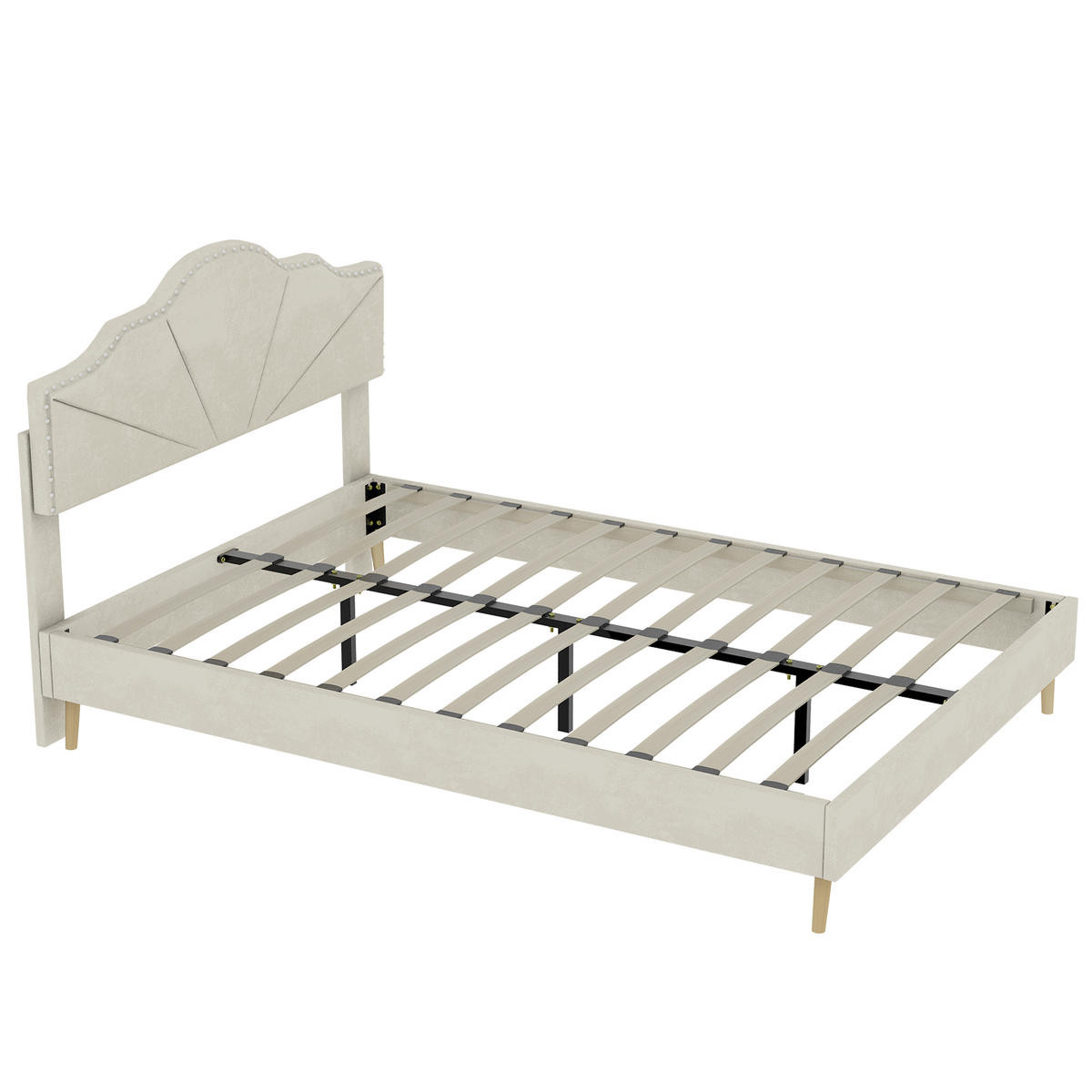 BETT 160x200 cm Beige Stoff mit geometrischem Kopfteil - Beige, Metall (160/200cm) - Meubliv