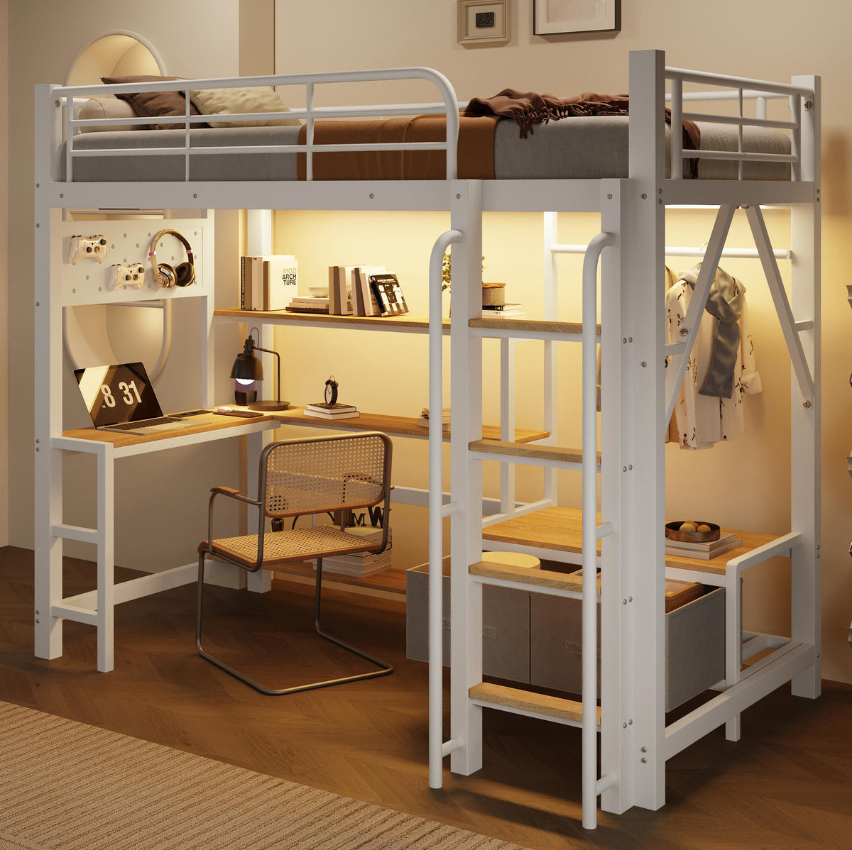 HOCHBETT aus Metall und MDF 90x200 cm Weiß mit Schreibtisch, LED-Beleuchtung und Stauraum - Weiß, Holzwerkstoff (90/200cm) - Modfu