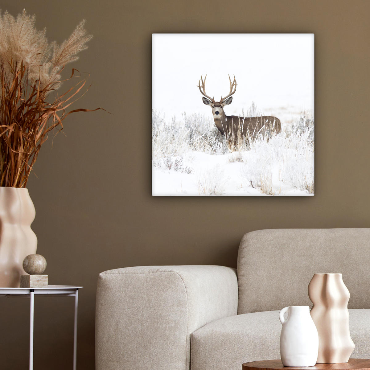 LEINWANDBILD Hirsche - Winter - Schnee - Tiere - Jahreszeiten - Weiß 50x50 cm - Hellbraun, Textil (50/50cm) - MuchoWow