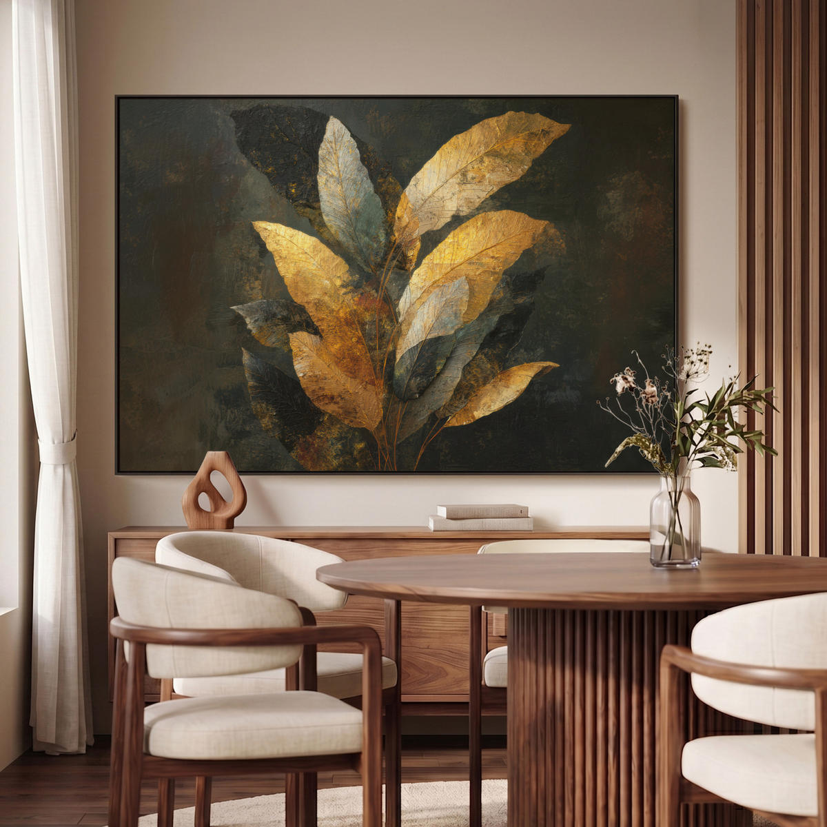 LEINWAND Bilder mit Rahmen - Golden Leaf Komposition - Botanical Luxury - 150x100 - Goldfarben, Textil (150/100cm) - MuchoWow