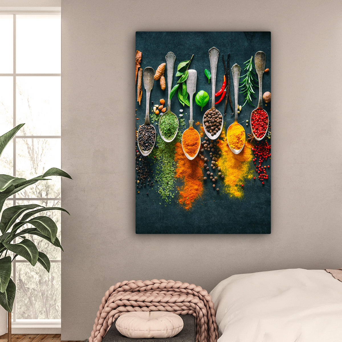 LEINWANDBILD Kräuter - Gewürze - Löffel Deko XXL 80x120 cm - Currygelb, Textil (80/120cm) - MuchoWow