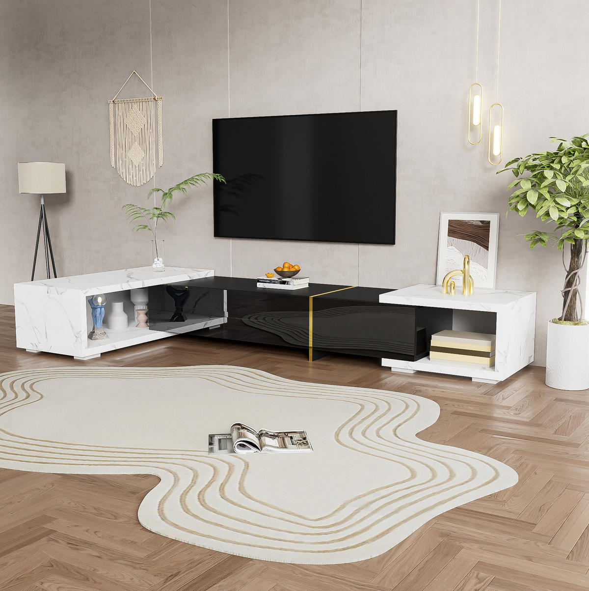LOWBOARD 140-260 cm aus MDF und Spanplatte mit dreh- und ausziehbarer Funktion Schwarz/Weiße Marmoroptik - Schwarz, Holzwerkstoff (260/30/40cm) - Modenvie