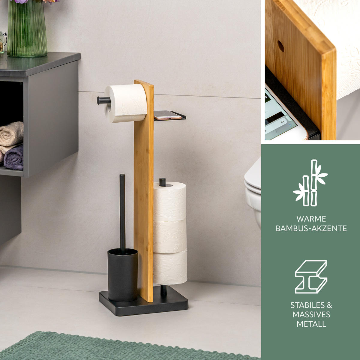 WC-BÜRSTENKOMBINATION 4in1, Bambus/Metall, schwarz - Schwarz, Holz (23/68/18cm) - eluno