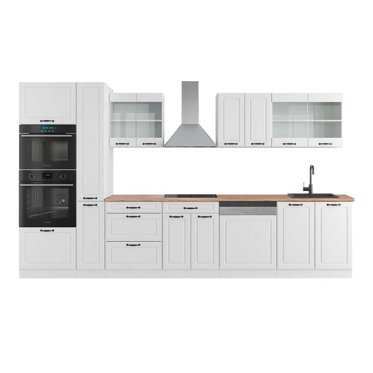 KÜCHENZEILE R-Line Weiß Landhaus/Weiß 350 cm mit Hochschrank, AP Eiche - Weiß, Holzwerkstoff (350/81.6/60cm) - Vicco
