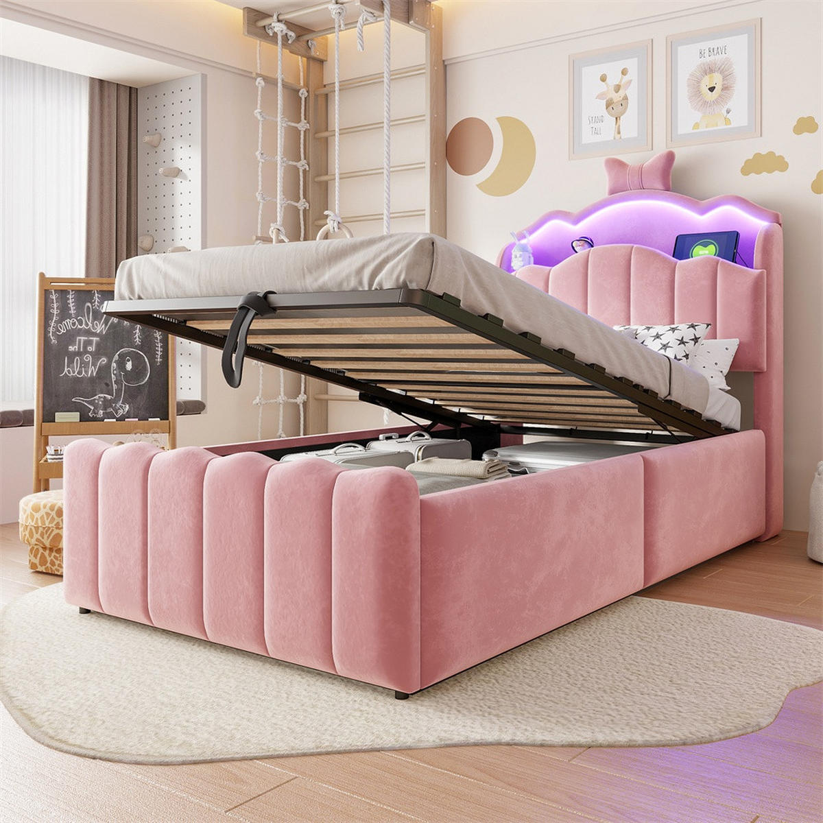 POLSTERBETT 90x200 cm mit hydraulischem Stauraum und LED Beleuchtung - 3USB - Anschlüsseund Typ-C - Beige - Beige, Textil (90/200cm) - DELFA