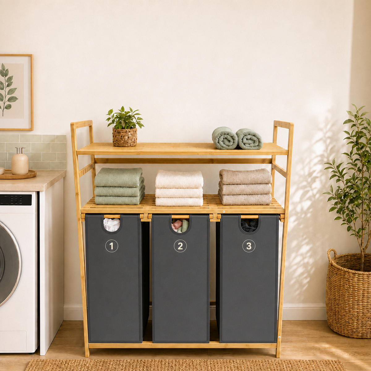 WÄSCHESAMMLER Natur Grau 3er-Set Bambus - Multicolor, Holz/Textil (78/100/41.5cm) - Relaxdays