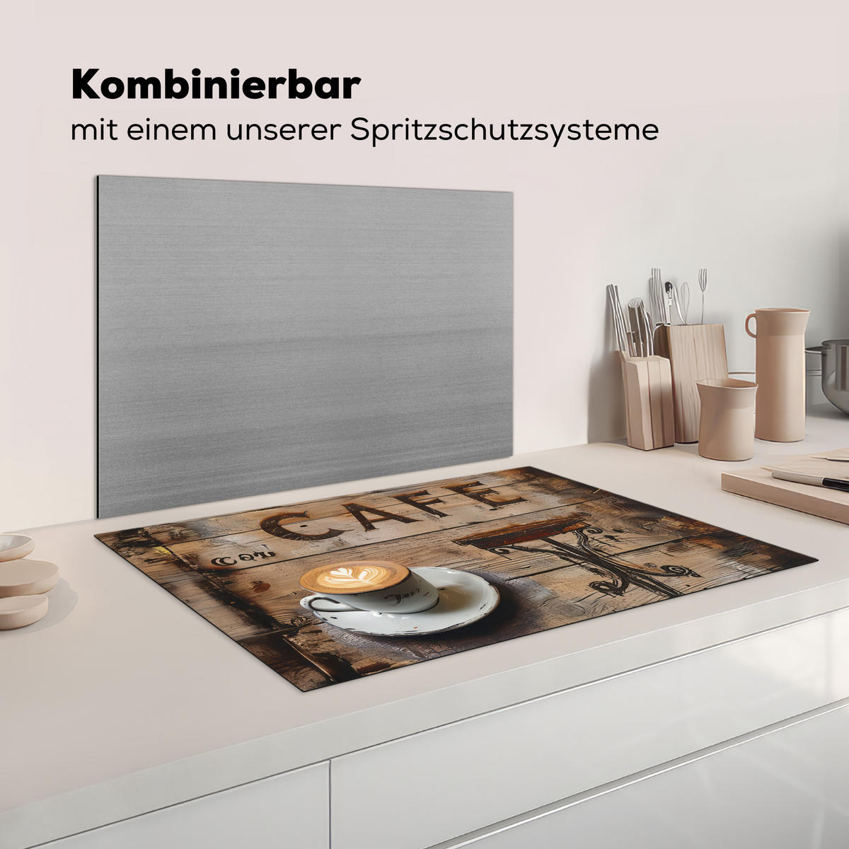 HERDABDECKPLATTE Cafe - Holz - Kaffee - Regale 81x52 cm - Schwarz, Kunststoff (81/52/0.2cm) - MuchoWow