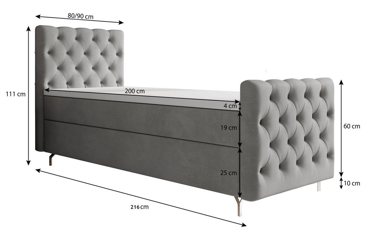 BOXBETT CHESTER PLUS mit Matratze H3, Bonell und Topper 80x200 Monolith 97 Rechts - Dunkelgrau, Textil (80/200cm) - Bedante