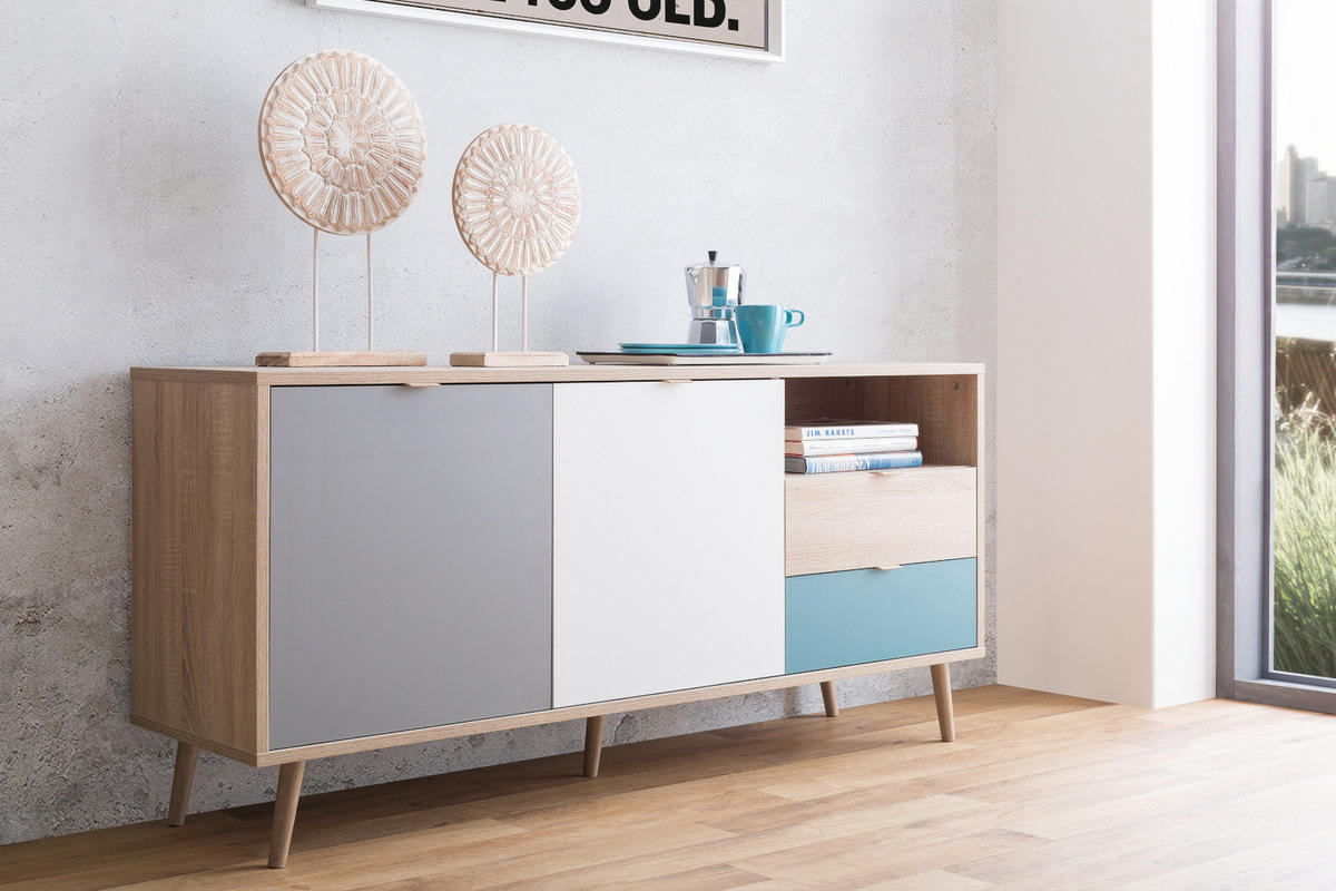 SIDEBOARD Eiche Sonoma, Petrol, weiß, grau 150 cm, Kommode Tricolor skandinavisch - Eichefarben/Petrol, Holz/Holzwerkstoff (150/71/40cm) - Furn.Design