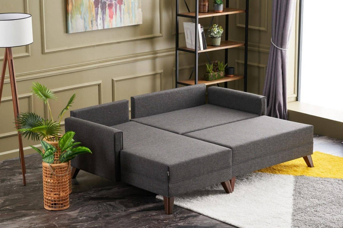 ECKSOFA mit Hocker als Schlaffläche, perfekt für kleine Räume - Anthrazit/Walnussfarben, Holz/Kunststoff (205/140cm) - myHomelando