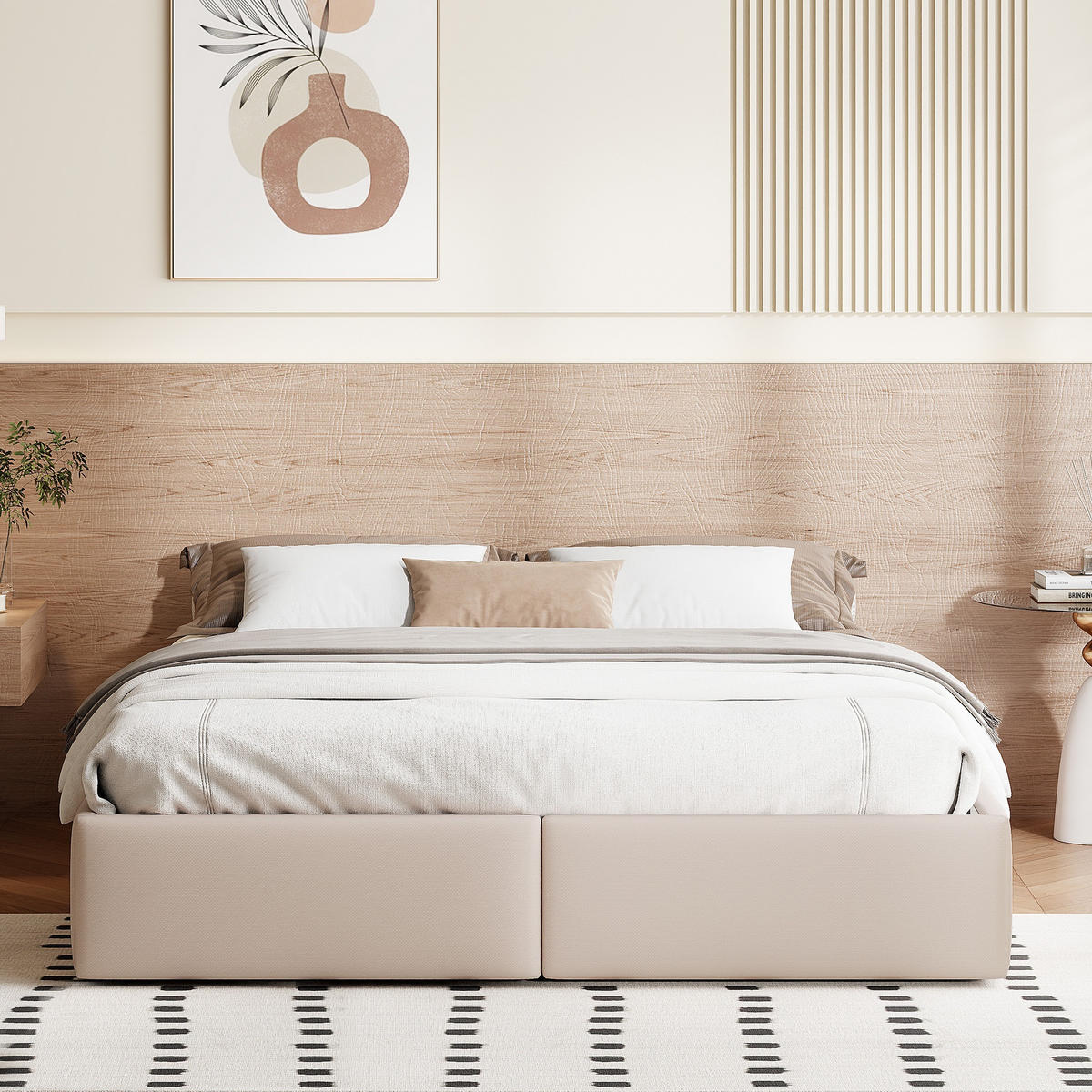 POLSTERBETT 140/200 cm, mit hydraulischem Stauraum und 2 Schubladen, keiner Kopfteil, Beige - Beige, Holzwerkstoff (140/200cm) - Brevoria