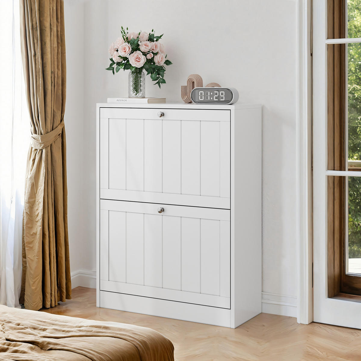 SCHUHSCHRANK aus MDF & Spanplatte in Weiß mit 2 Klappschubladen - Weiß, Holzwerkstoff (60/80/24cm) - Modfu