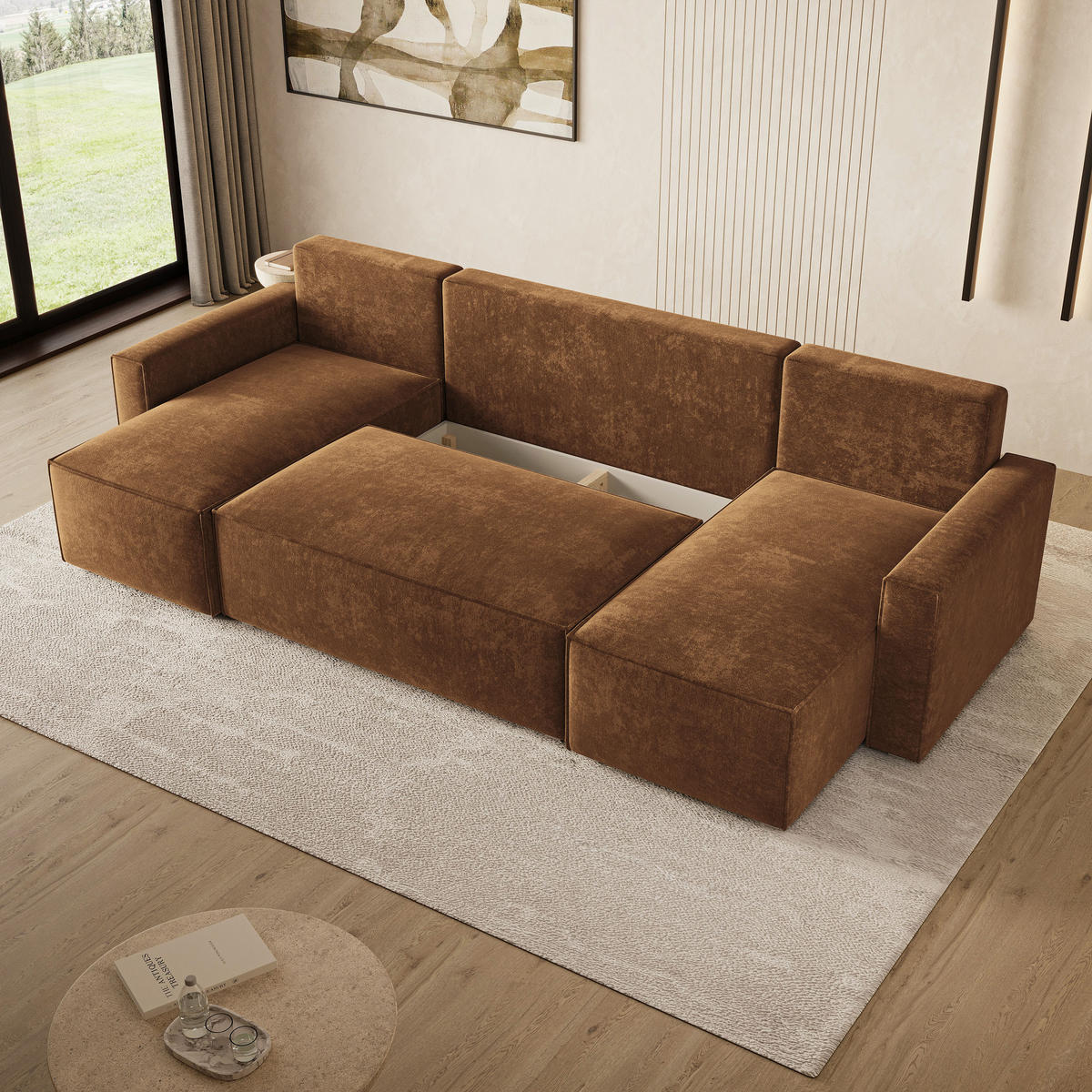 WOHNLANDSCHAFT ASPRA LM Braun Chenille mit Schlaffunktion - Braun, Holz (295/85/140cm) - MASSENO