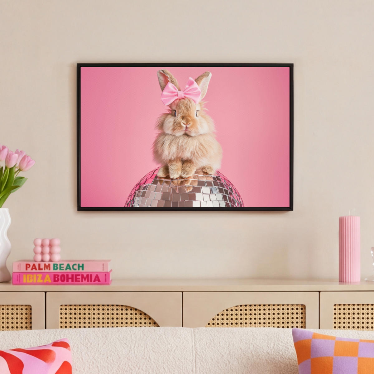 LEINWAND Bilder mit Rahmen - Schleife - Discoball - Kaninchen - 60x40 - Pink, Textil (60/40cm) - MuchoWow