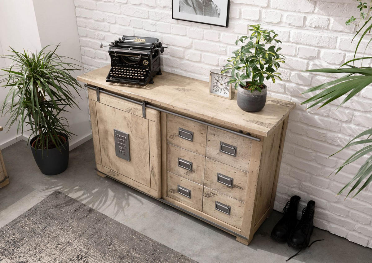 SIDEBOARD Mango 140x45x85 whitewash lackiert RAILWAY #321 - Beige, Holz (140/85/45cm) - Massivmoebel24