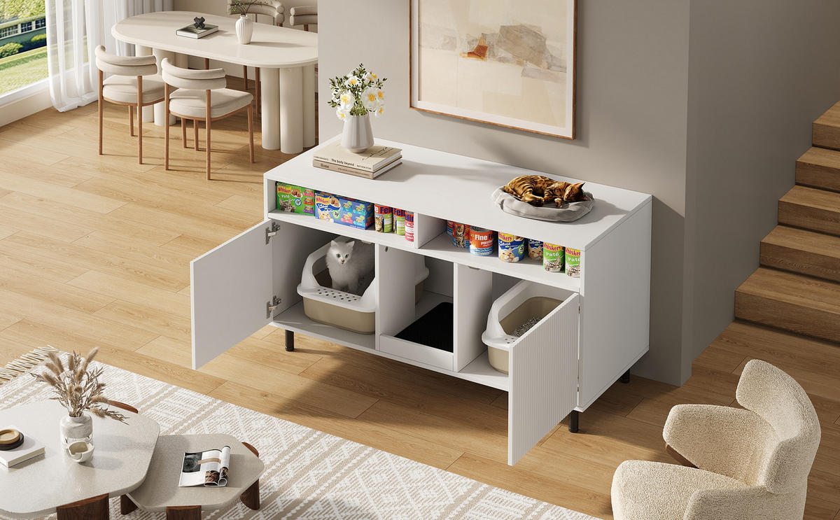 SIDEBOARD Weiß, 120/50/66 cm, mit Ablagefächern und Streuauffangmatte - Walnussfarben/Weiß, Holzwerkstoff/Metall (120/66/50cm) - CHICFURN