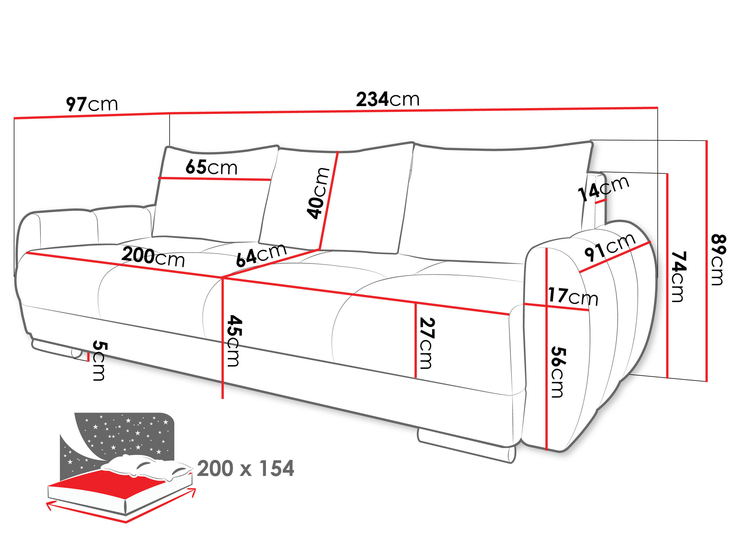 Thumbnail - Mirjan24 Schlafsofa, Creme, Textil, Kiefer, 3-Sitzer, Rechteckig, 234x89x97 cm, Wohnzimmer, Sofas & Couches, Schlafsofas
