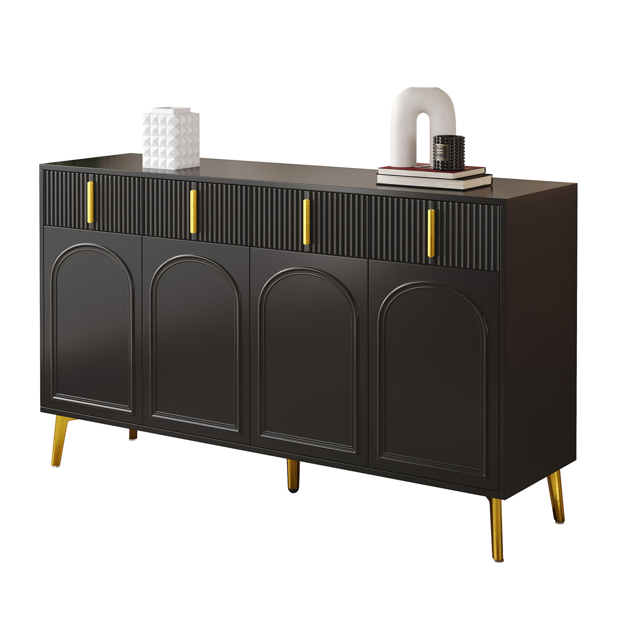 SIDEBOARD 140/38/82 cm Schwarz aus MDF mit 4 Türen und 4 Schubladen - Schwarz, Holzwerkstoff (140/82/38cm) - OKWISH