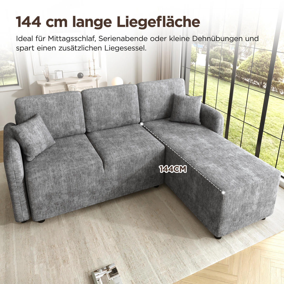 ECKSOFA 187.5/144/85.5 cm Grau Chenille mit 2 Kissen - Grau, Holz/Textil (187.5/144cm) - Oxeza