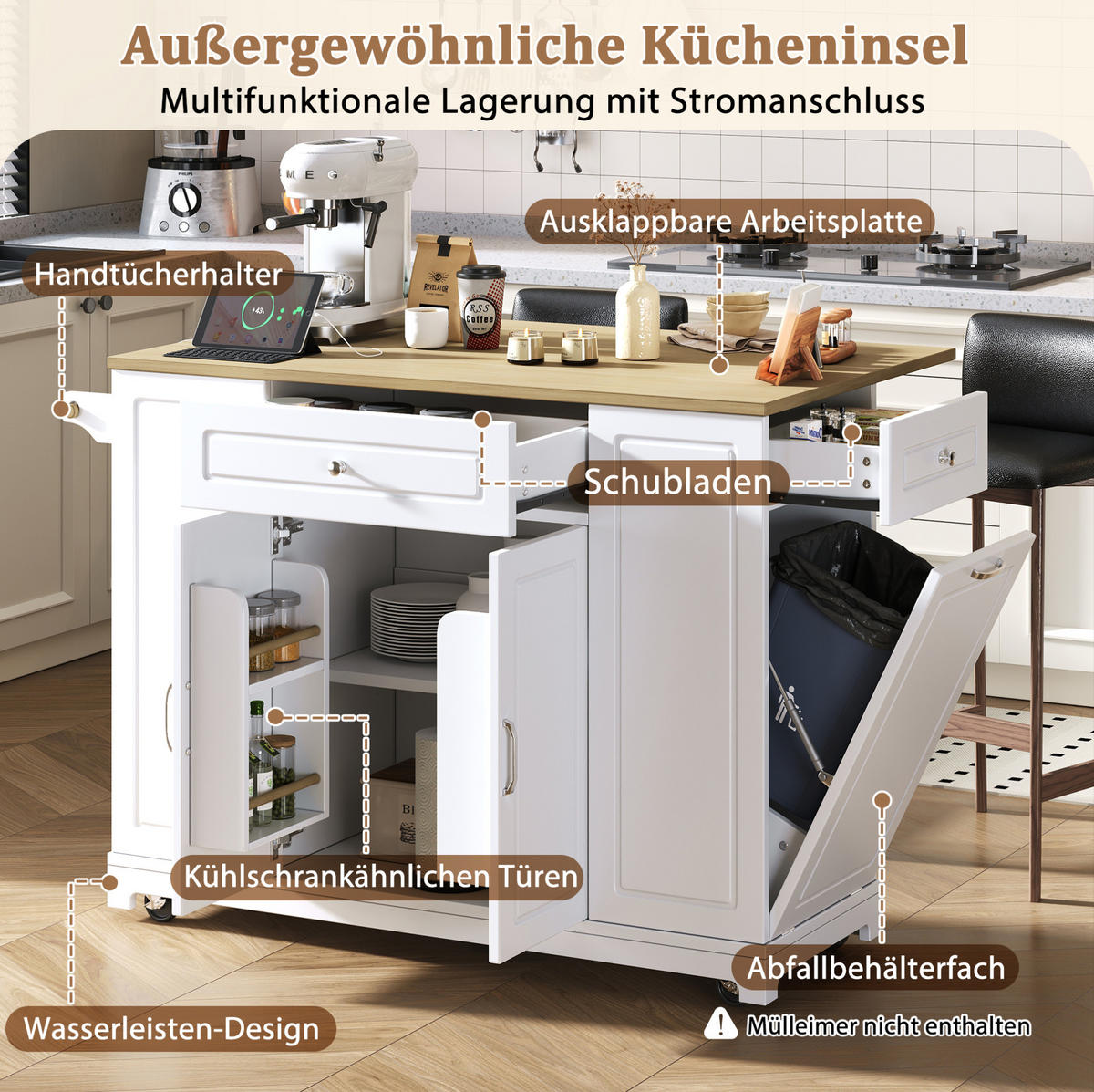 KUECHENINSEL mit Rollen und Ausziehplatte 131,8 x 40-70 x 93,3 cm Weiß/Natur - Weiß, Holz (40/93.3/131.8cm) - Beauniv