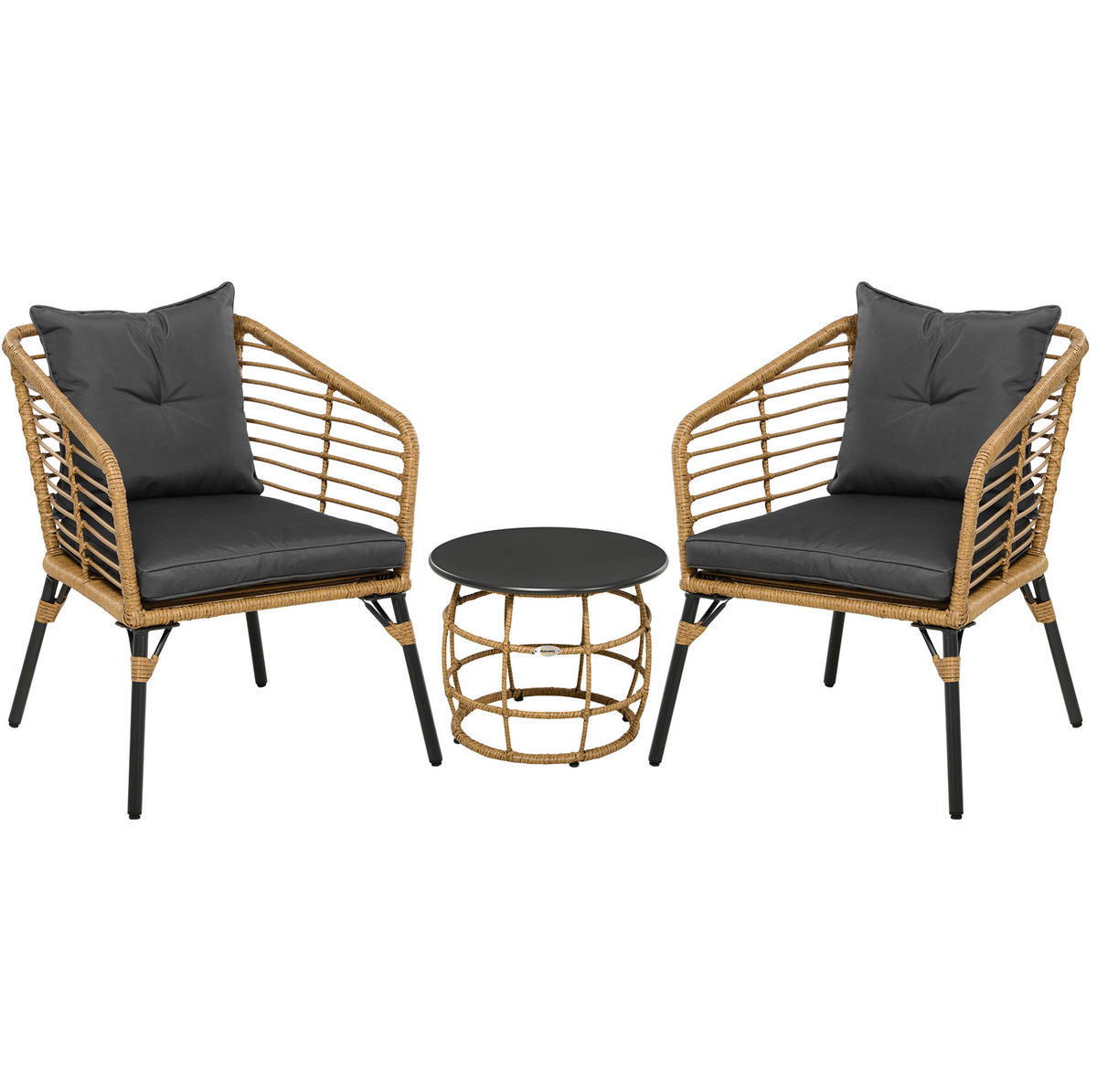 BISTRO-SET 62/65/78 cm mit 2 Sesseln, Couchtisch, Kissen und Stahlgestell, Sand - Grau, Metall - Redom