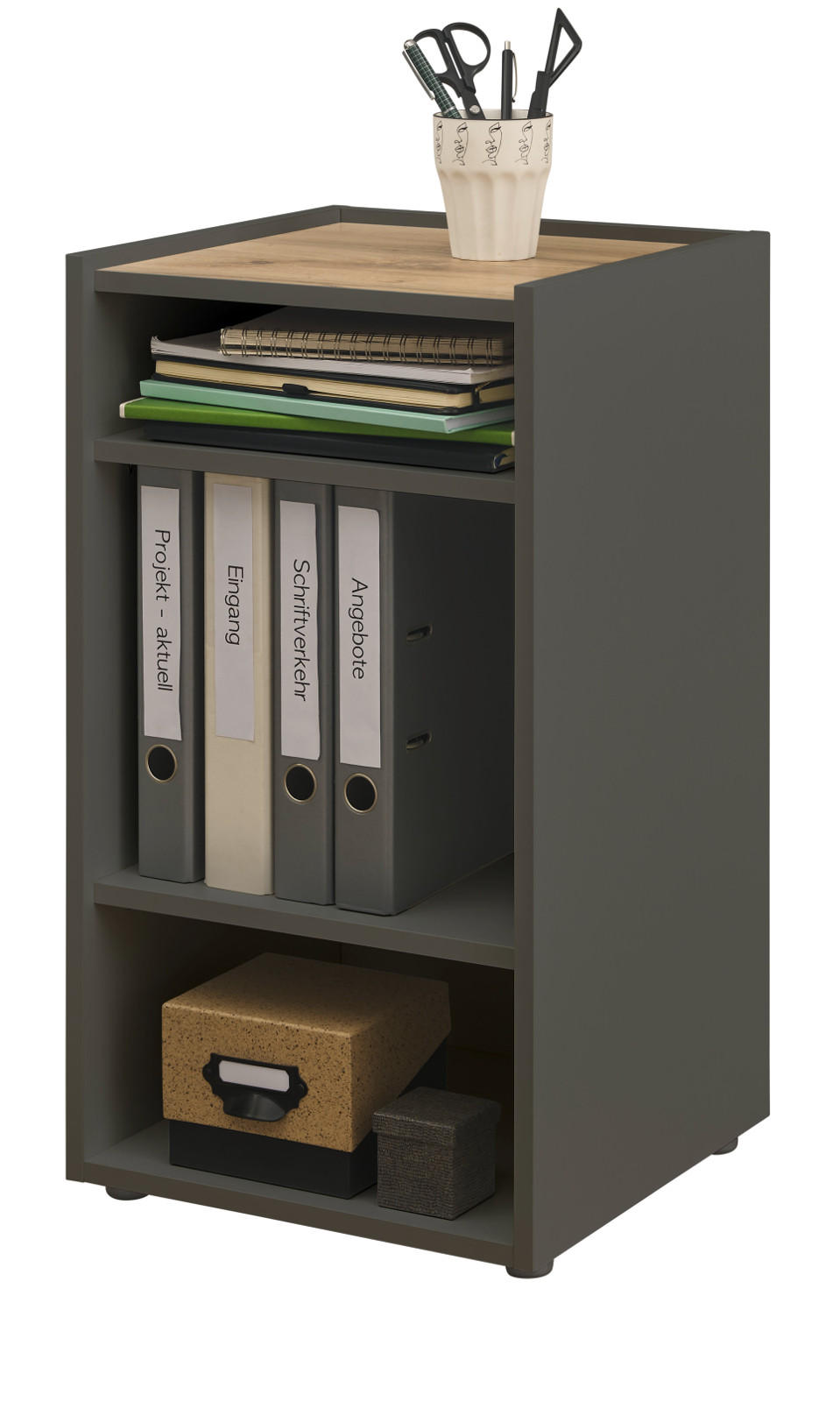 STANDCONTAINER grau matt, Eiche Wotan 40 x 70 cm, Aktenregal mit 3 Fächern - Eiche Wotan/Schwarz, Holzwerkstoff/Kunststoff (40/70/40cm) - Furn.Design