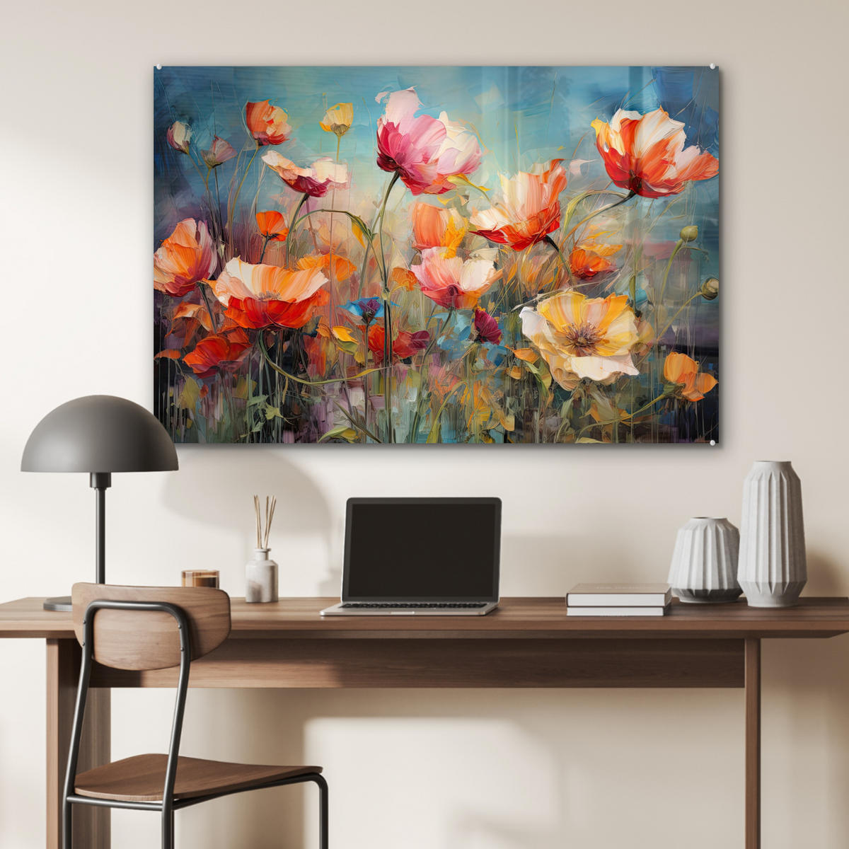 ACRYLGLASBILD Blumen - Aquarell - Kunst - Botanisch - Natur 90x60 cm - Orange, Glas (90/60cm) - MuchoWow