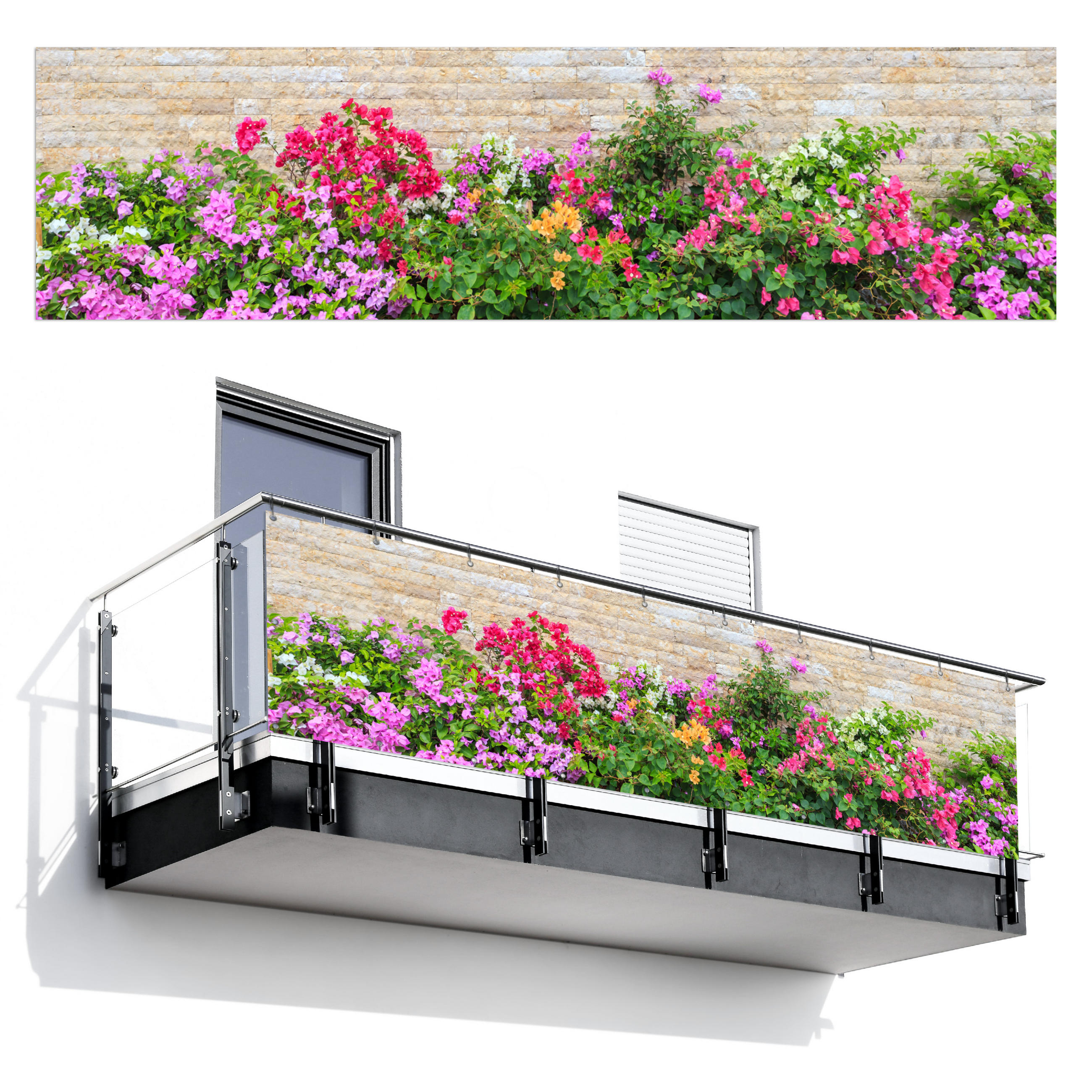 BALKON-SICHTSCHUTZ Blumen - Pflanzen - Blätter - Steine - Pink, Kunststoff (300/85cm) - MuchoWow
