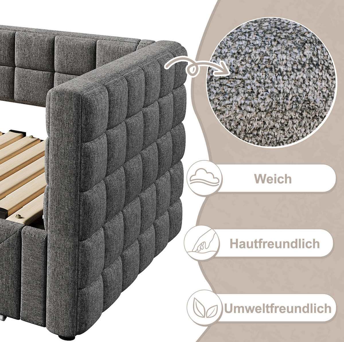 ROZKLADACIA posteľ 90/200 cm sivá zo zamatu a MDF s hranatým operadlom, výsuvným lôžkom a 2 zásuvkami - sivá, textil (90/200cm) - OKWISH