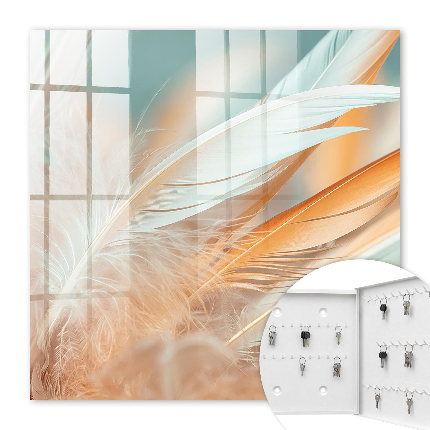 SCHLÜSSELBOX Weiß 30x30 cm – Türöffnung nach rechts - Pastellfarbene Federn - Beige, Metall (30/30/5cm) - TULUP