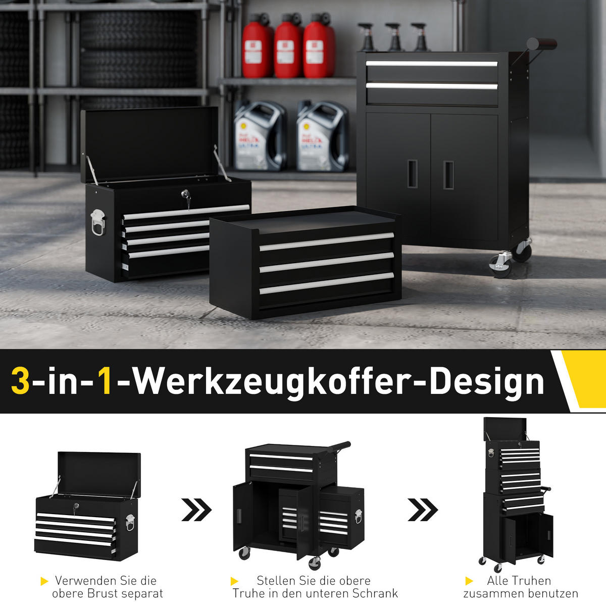 WERKZEUGKISTE 3-IN-1, rollender Werkzeugschrank mit 9 Schubladen, Stahl, Schwarz - Schwarz, Metall (33/133/69.5cm) - HOMCOM