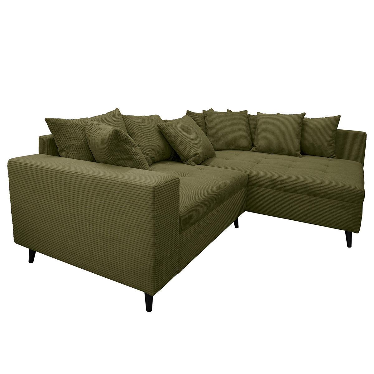 ECKSOFA mit Ottomane und Hocker - Schwarz/Olivgrün, Birkenholz/Textil (247/174cm) - home24