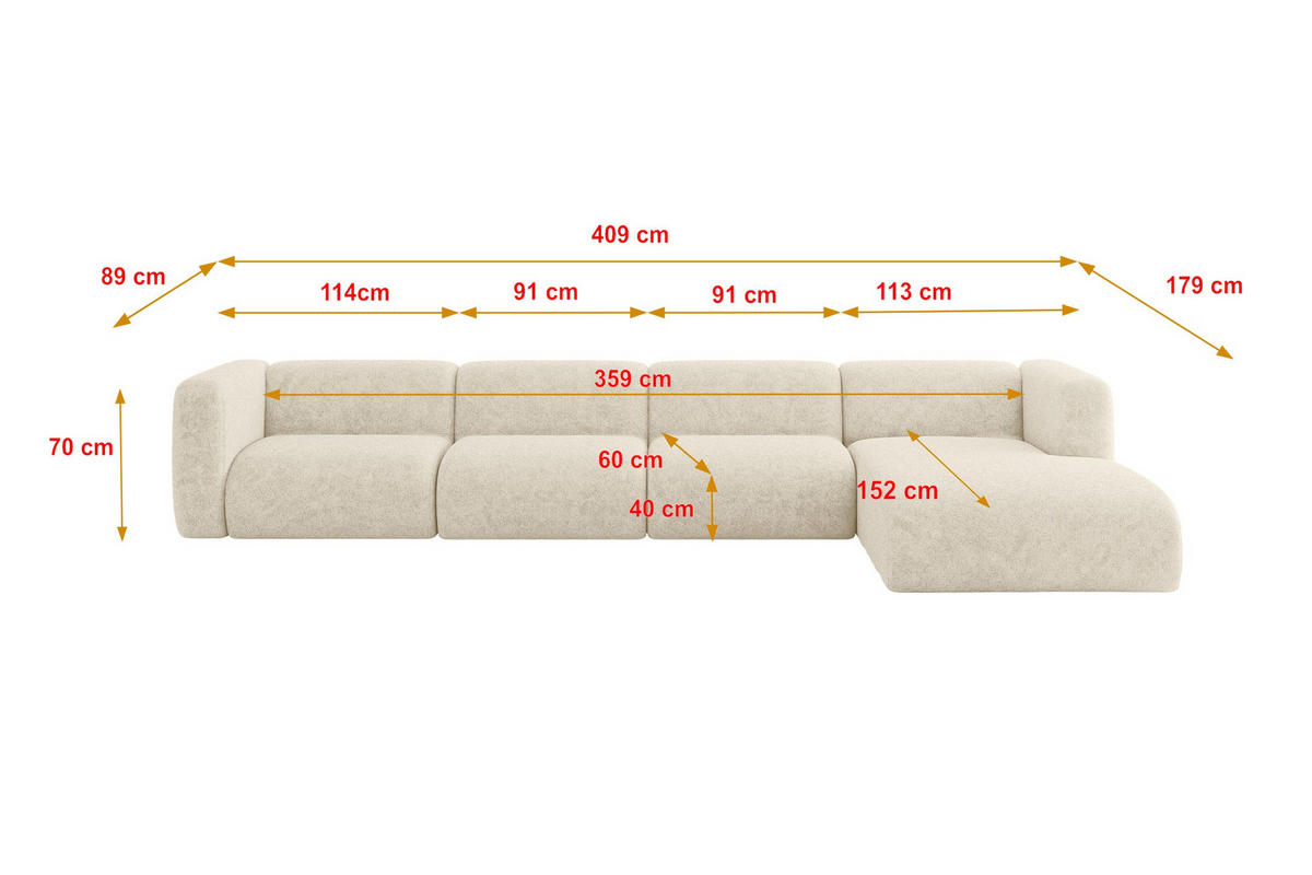 ECKSOFA Ottomane Rechts MIRA-L3 409x179x70 Creme Velours - Creme/Schwarz, Holzwerkstoff/Kunststoff (409/179cm) - ALTDECOR