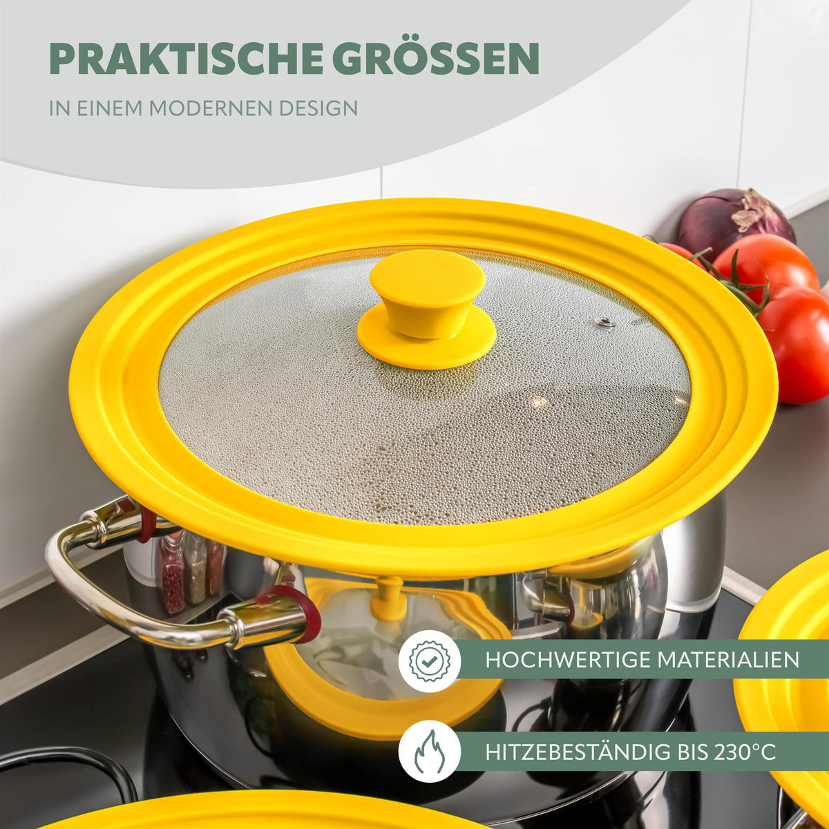 UNIVERSAL-GLASDECKEL, 24/26/28 cm,tel, gelb - Gelb, Glas (29.5/29.5/5.5cm) - bremermann