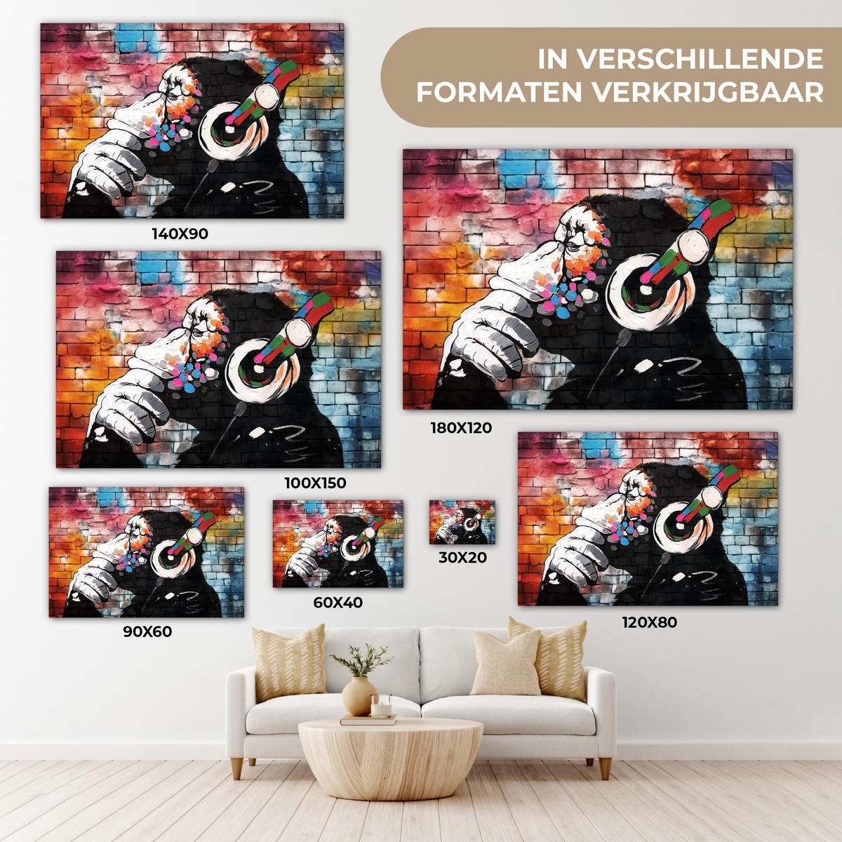 LEINWANDBILD Affe - Graffiti - Musik Wohnzimmer Groß 120x80 cm - Multicolor, Textil (120/80cm) - MuchoWow