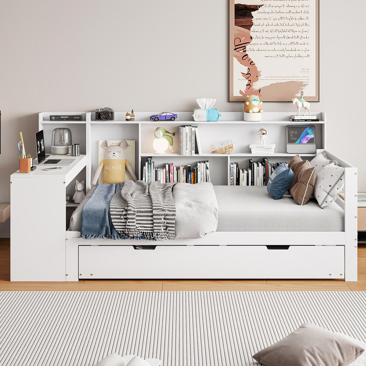 MULTIFUNKTIONSBETT 90x200 cm in Weiß mit Ausziehbett, Schreibtisch und Steckdose - Weiß, Holzwerkstoff (90/200cm) - IVMEU