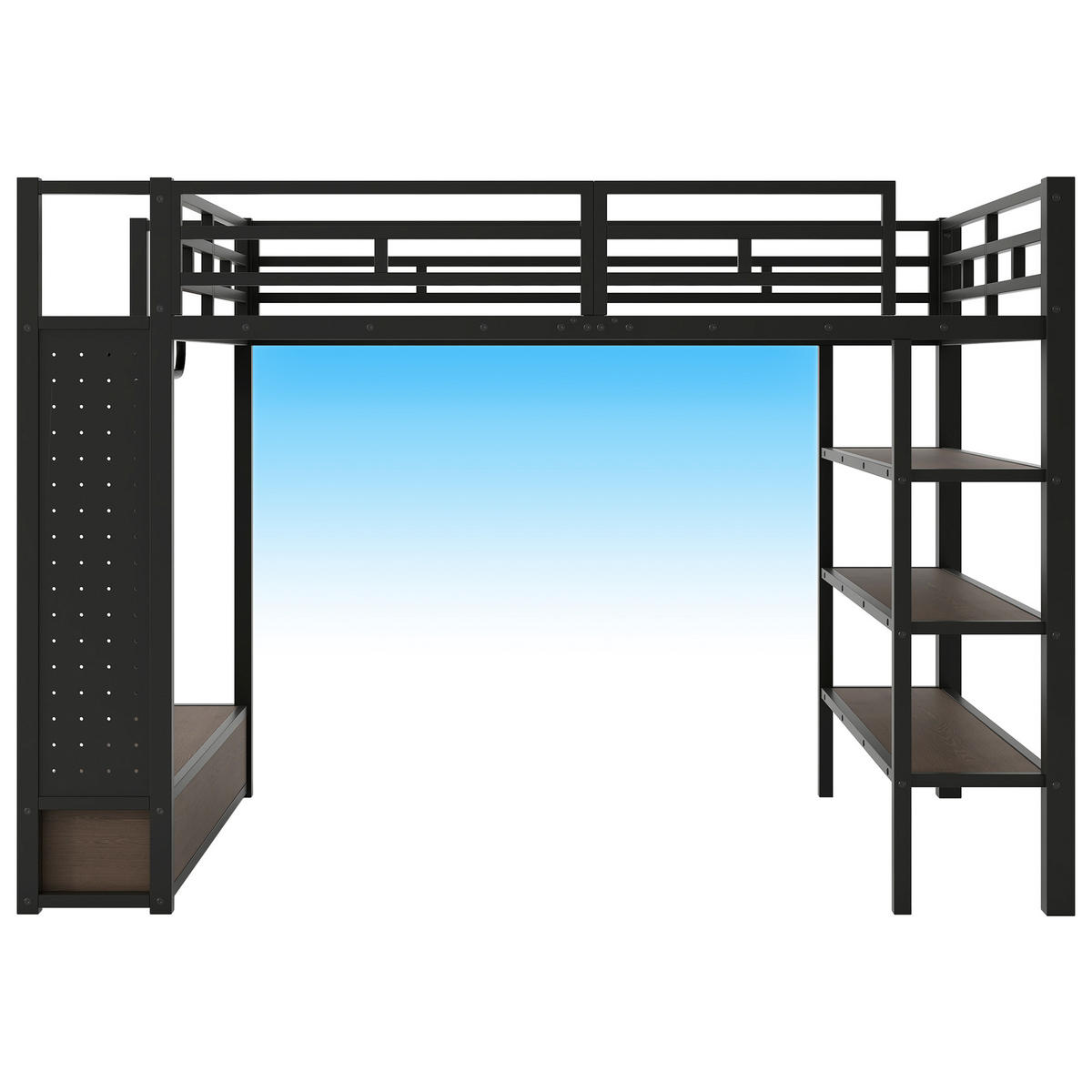 HOCHBETT 140/200 cm DE-03427, mit offenem Kleiderschrank, Lochwand und LED, in Schwarz - Schwarz, Holzwerkstoff/Metall (140/200cm) - ComfortXL