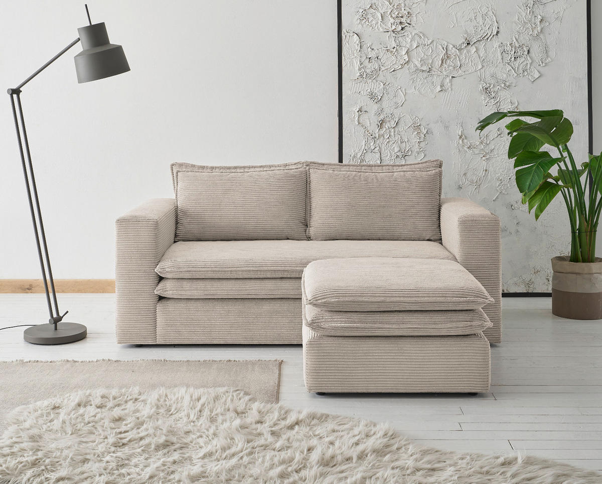 SOFA-SET beige Cord, Couch 2-Sitzer inklusive Hocker - Beige, Holz/Textil (180/83/161cm) - Furn.Design